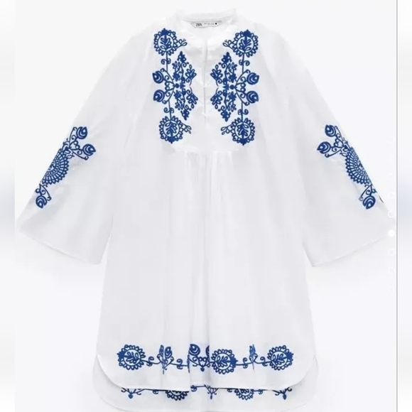 Zara White With Blue Floral Embroidery Dress Boho Retro XS 100% Cotton - Picture 3 of 7
